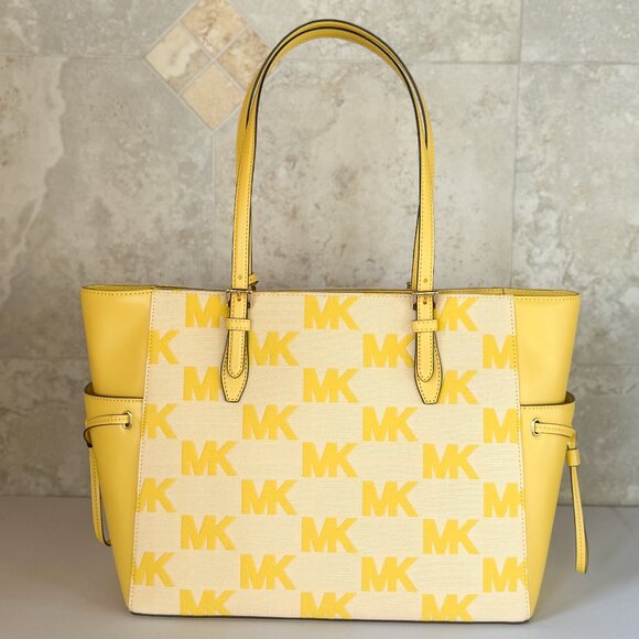 Michael Kors Gilly LG Drawstring Shoulder Tote Bag MK Graphic Logo Golden Yellow - Picture 5 of 15